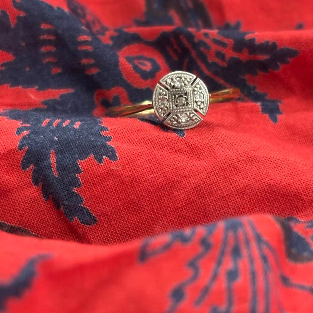 Dainty Art Deco 18K Gold, Platinum, and Diamond Ring -- Size 7.5